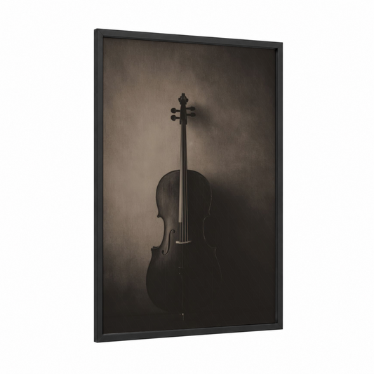 Dark Cello Study framed art print — black wood frame — black and espresso palette