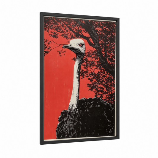 Crimson Ostrich framed art print — black wood frame — red and black and white palette