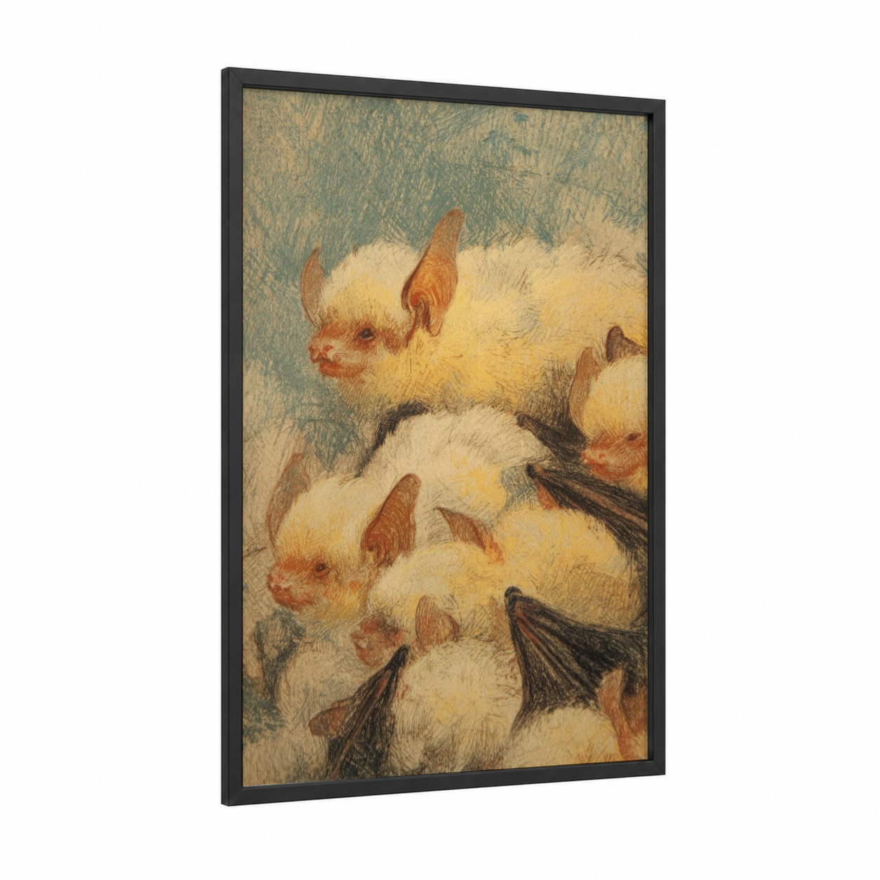 Clustered Bats Study framed art print — black wood frame — cream and gray and pink palette
