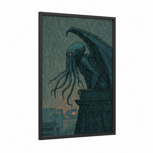 Rainy Cthulhu framed art print — black wood frame — teal and black palette