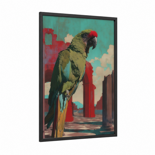 Urban Parrot framed safari parrots print — black wood frame — teal and red palette