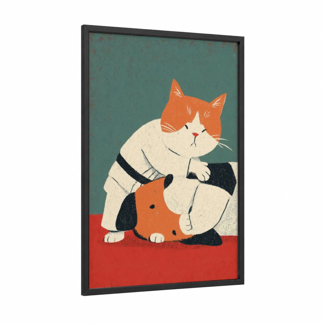 Judoka Cat framed art print — black wood frame — teal and orange palette