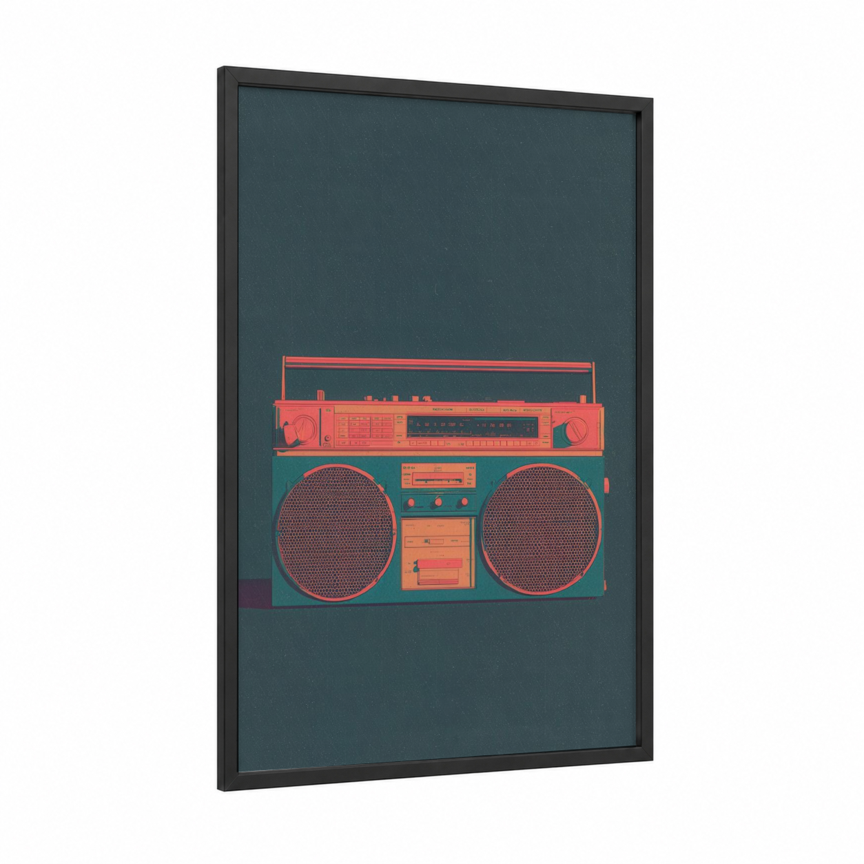 Coral Boombox framed art print — black wood frame — teal and salmon pink palette
