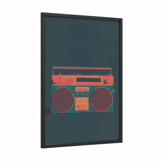 Coral Boombox framed art print — black wood frame — teal and salmon pink palette