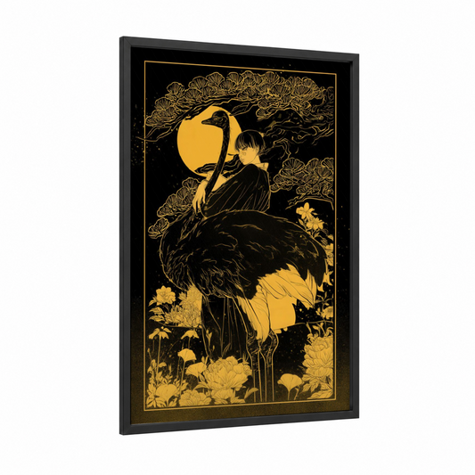 Moonlit Ostrich framed art print — black wood frame — gold and black palette