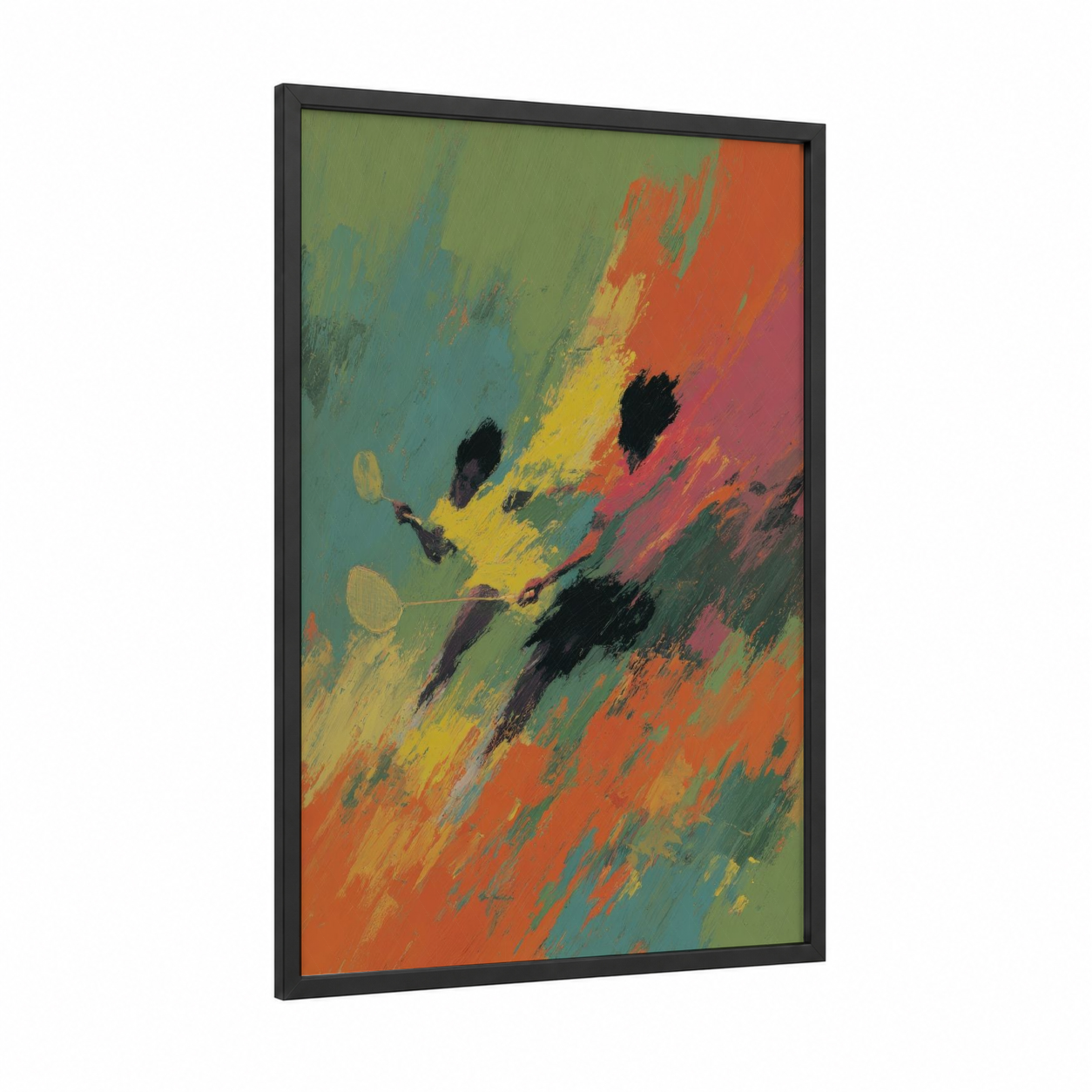 Dynamic Badminton framed art print — black wood frame — orange and teal palette