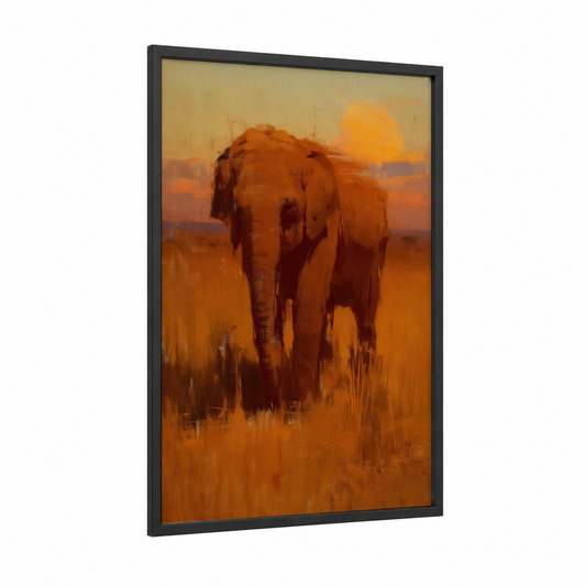 Golden Elephant Sunset framed asian elephant print — black wood frame — gold and orange palette