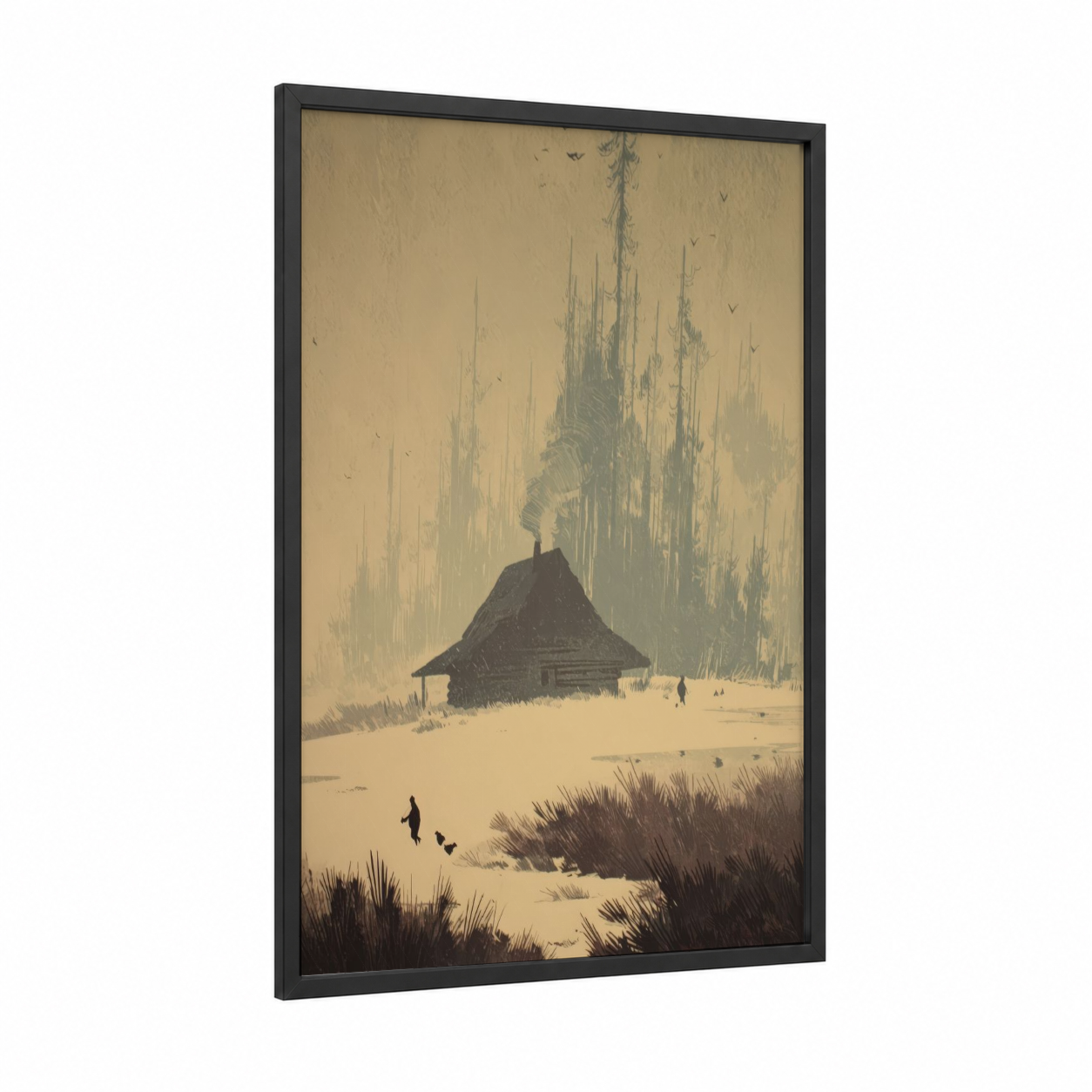 Winter Hunter's Cabin framed hunting print — black wood frame — cream and gray palette