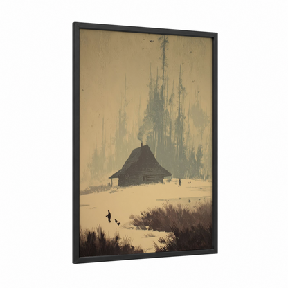 Winter Hunter's Cabin framed hunting print — black wood frame — cream and gray palette