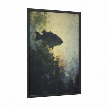 Misty Bass framed art print — black wood frame — blue and green and gold palette