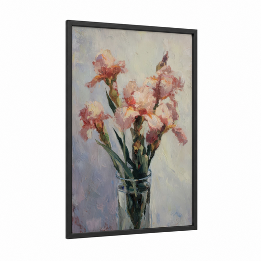 Blushing Iris Arrangement framed art print — black wood frame — peach and sage green palette