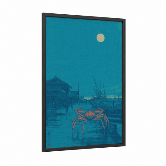 Moonlit Harbor Crab framed art print — black wood frame — teal palette
