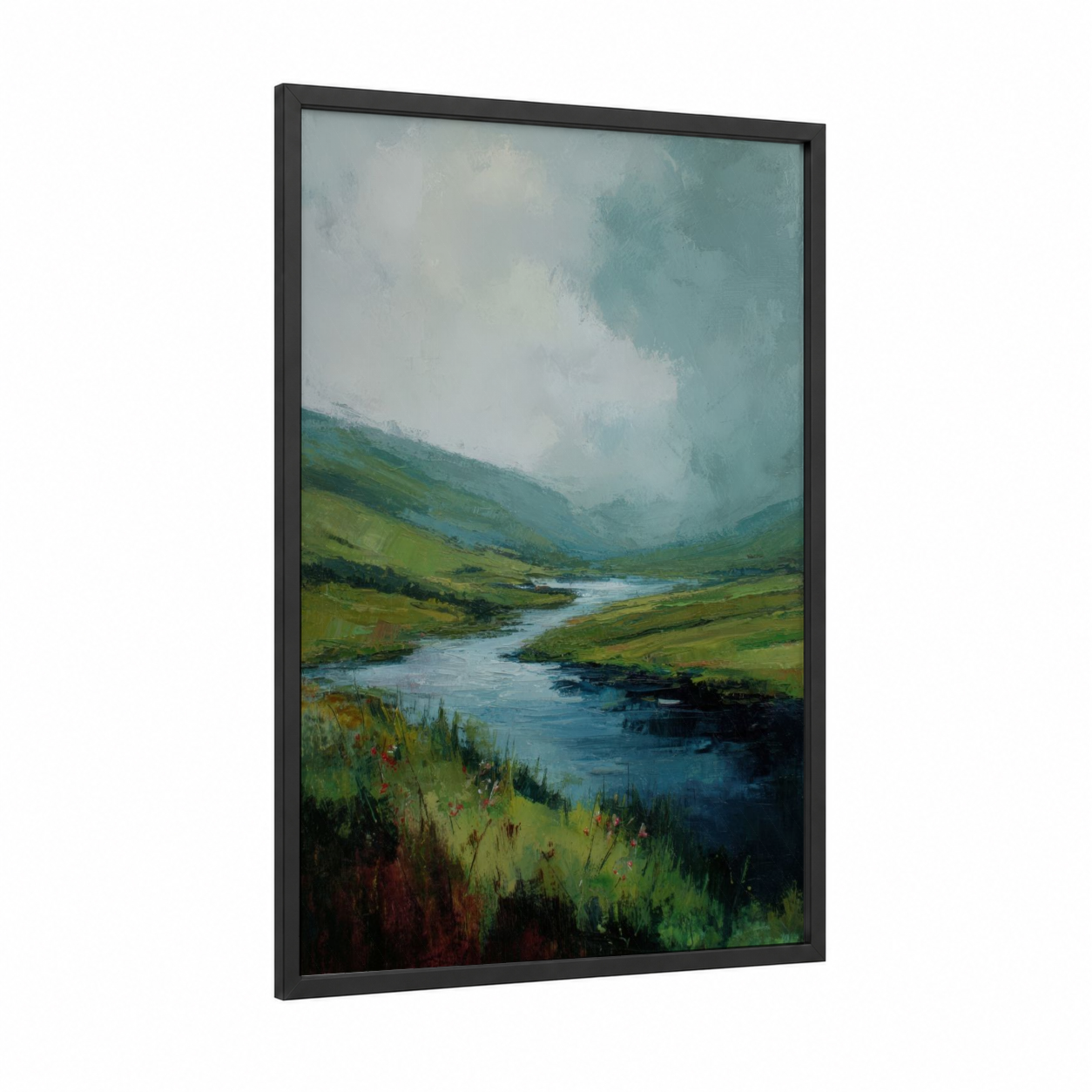 Highland River Valley framed rivers print — black wood frame — light green and blue palette