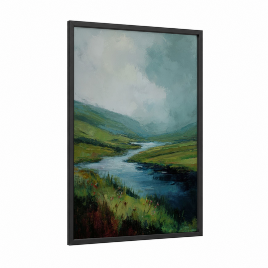 Highland River Valley framed rivers print — black wood frame — light green and blue palette