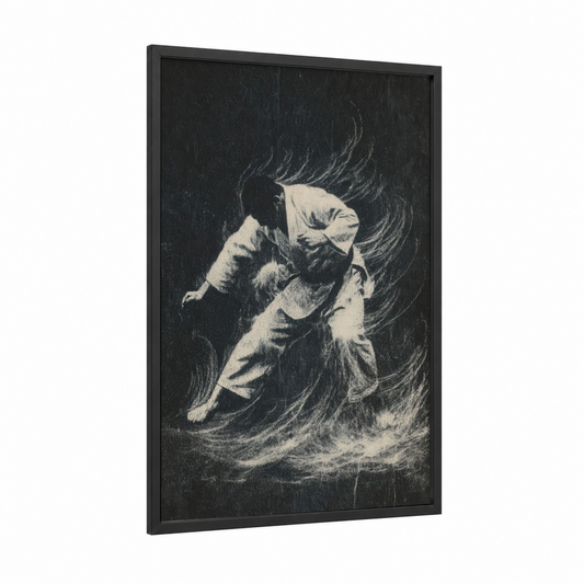 Dynamic Judo Throw framed art print — black wood frame — black and white palette