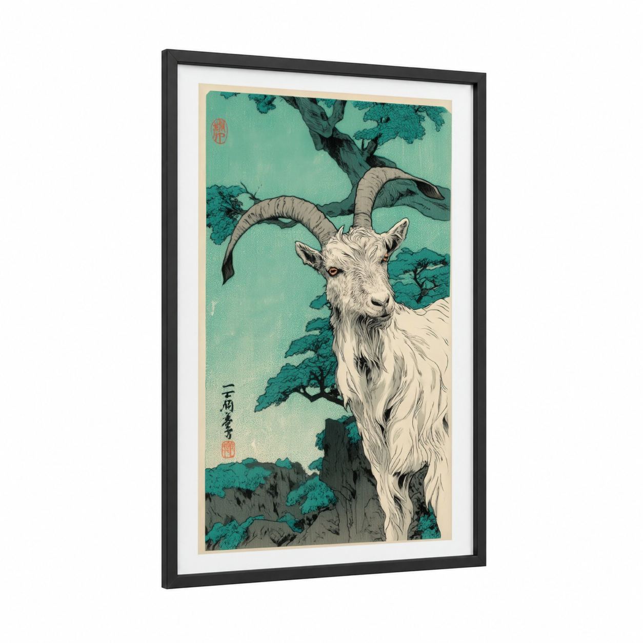 Alpine Goat framed art print — black wood frame — teal and cream palette