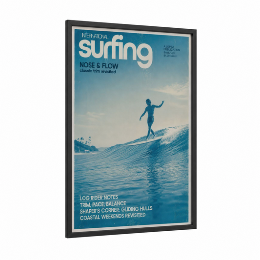 Vintage Surfing Magazine Cover Wall Art framed water surfing print — black wood frame — blue and cream palette