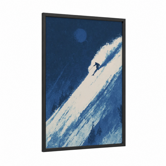 Alpine Descent framed skiing print — black wood frame — blue and white palette
