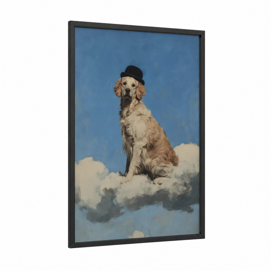 Dapper Retriever framed art print — black wood frame — blue and cream palette