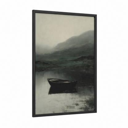 Misty Dock Solitude framed docks and piers print — black wood frame — gray and white and dove gray palette