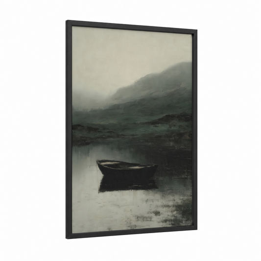 Misty Dock Solitude framed docks and piers print — black wood frame — gray and white and dove gray palette