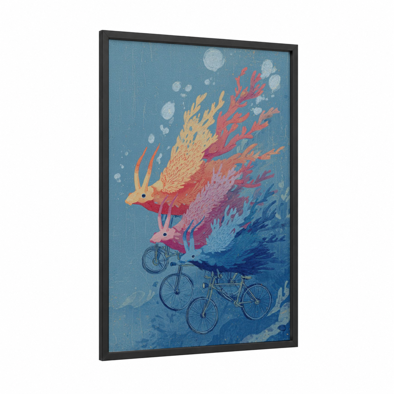 Dreaming Nudibranch framed art print — black wood frame — blue and gold and pink palette