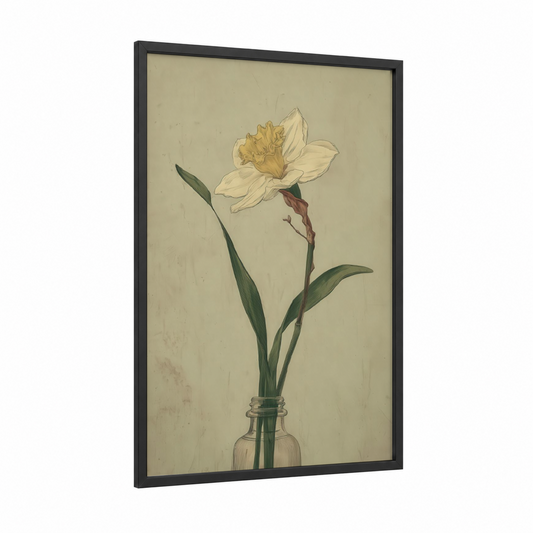 Cream Daffodil framed daffodils print — black wood frame — cream and dark green palette