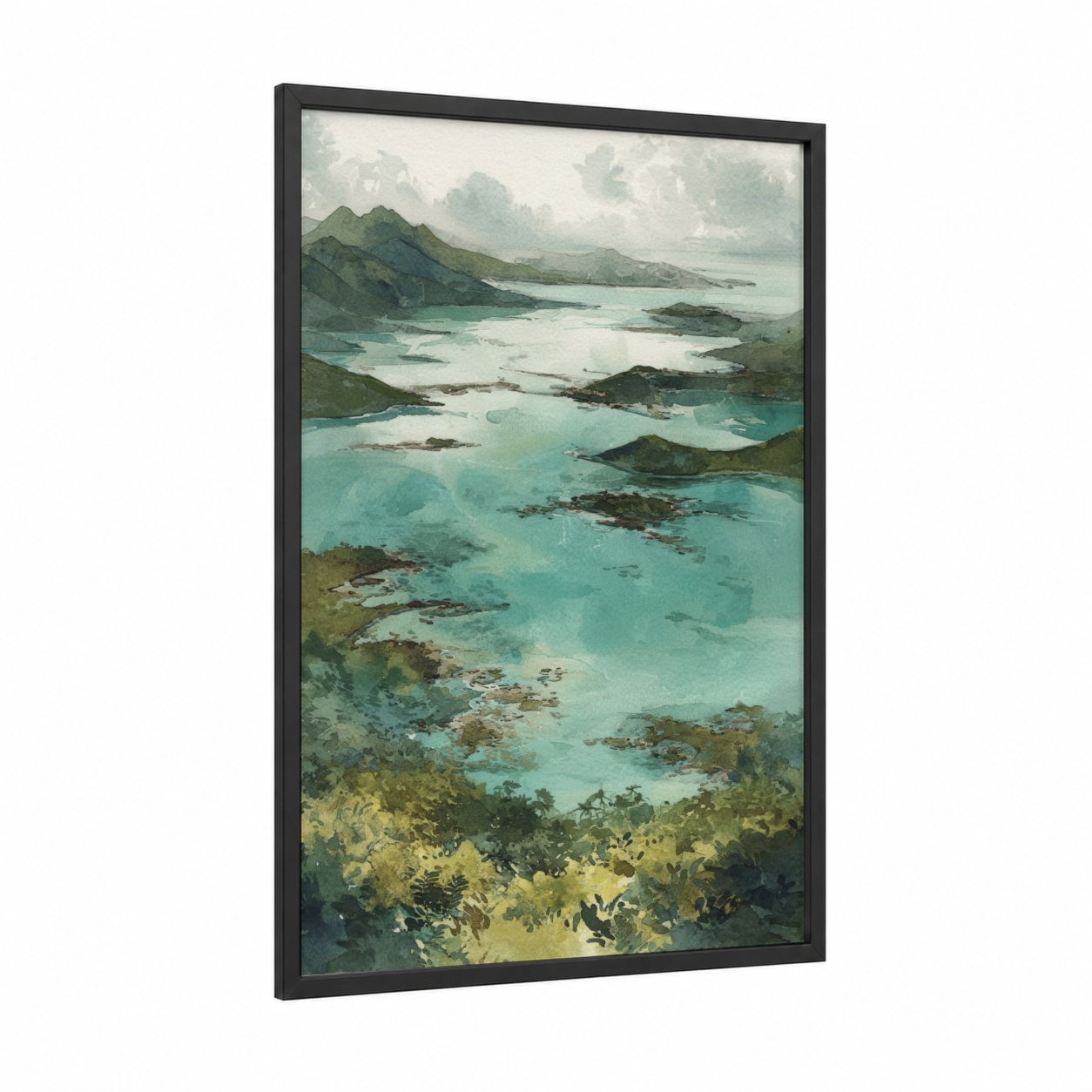Turquoise Island Archipelago framed art print — black wood frame — turquoise and dark green palette