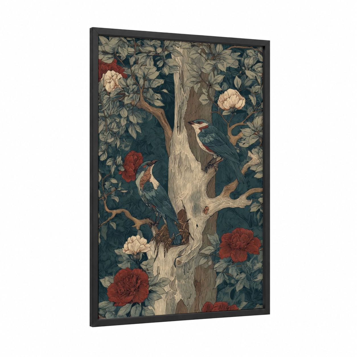 Kauri Garden Birds framed kauri tree print — black wood frame — dark blue and cream palette
