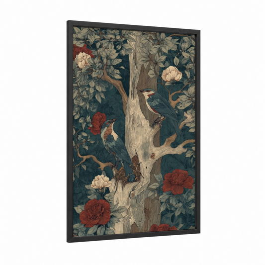 Kauri Garden Birds framed kauri tree print — black wood frame — dark blue and cream palette