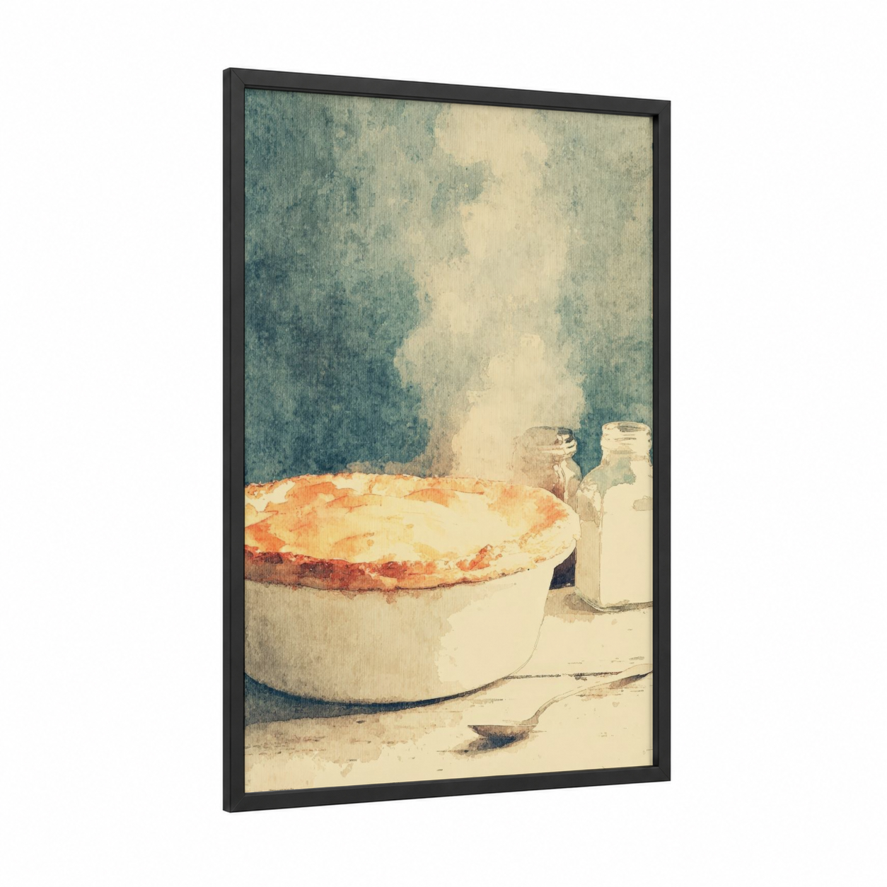 Golden Pie Kitchen framed poultry print — black wood frame — sage green and cream palette