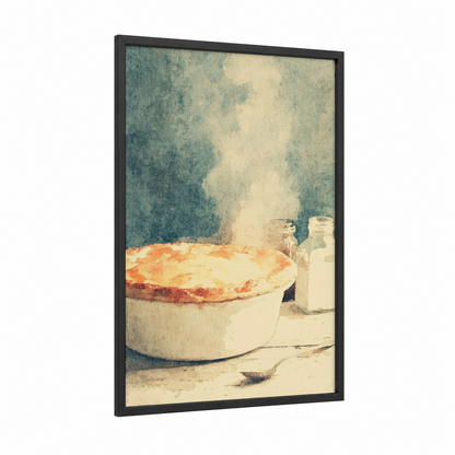 Golden Pie Kitchen framed poultry print — black wood frame — sage green and cream palette