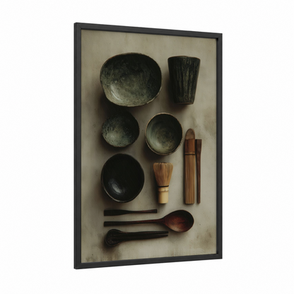 Tea Ceremony Set framed art print — black wood frame — black and sage green palette