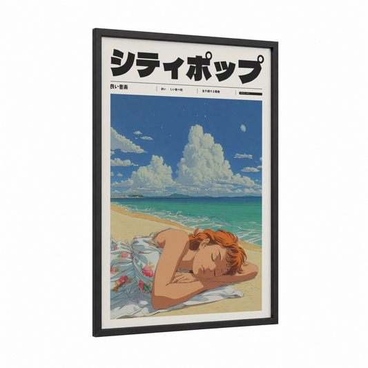 Seaside Dreamer framed anime and manga print — black wood frame — blue and cream palette