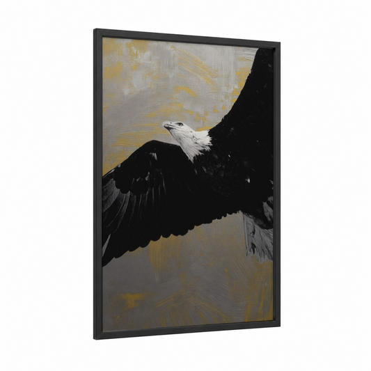 Soaring Eagle framed art print — black wood frame — gold and black and white palette