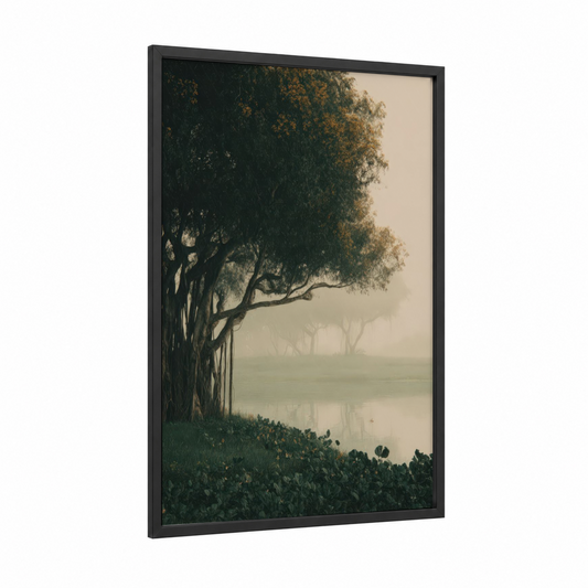 Misty Banyan Tree framed art print — black wood frame — sage green and cream palette