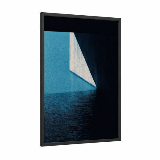 Minimalist Canal framed art print — black wood frame — blue and white palette