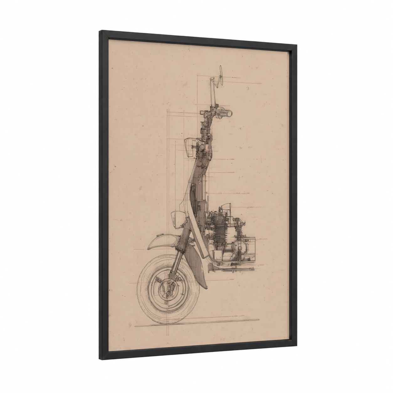 Vintage Scooter Blueprint framed art print — black wood frame — beige and black and white palette