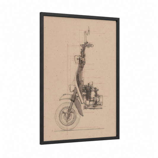 Vintage Scooter Blueprint framed art print — black wood frame — beige and black and white palette