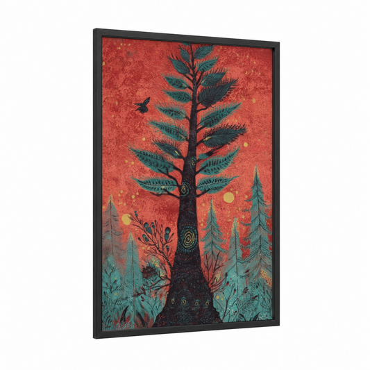 Crimson Cedar Forest framed cedar tree print — black wood frame — red and teal palette