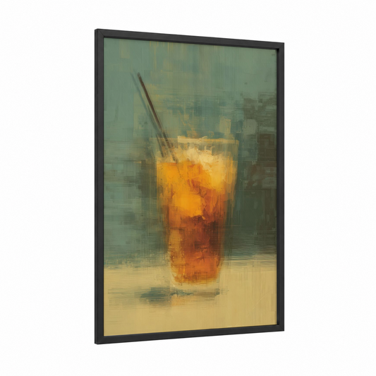 Amber Iced Tea framed art print — black wood frame — gold and sage green palette