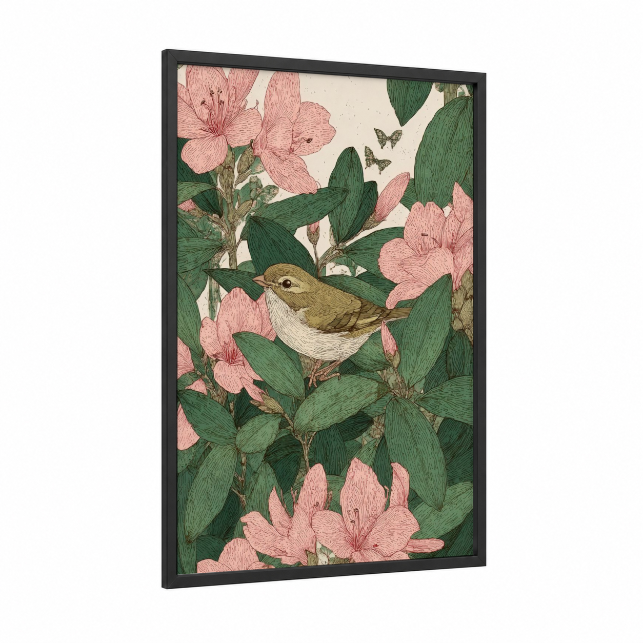Warbler Among Rhododendrons framed art print — black wood frame — pink and dark green palette