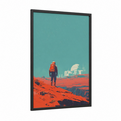 Mars Explorer framed astronaut print — black wood frame — teal and pumpkin palette