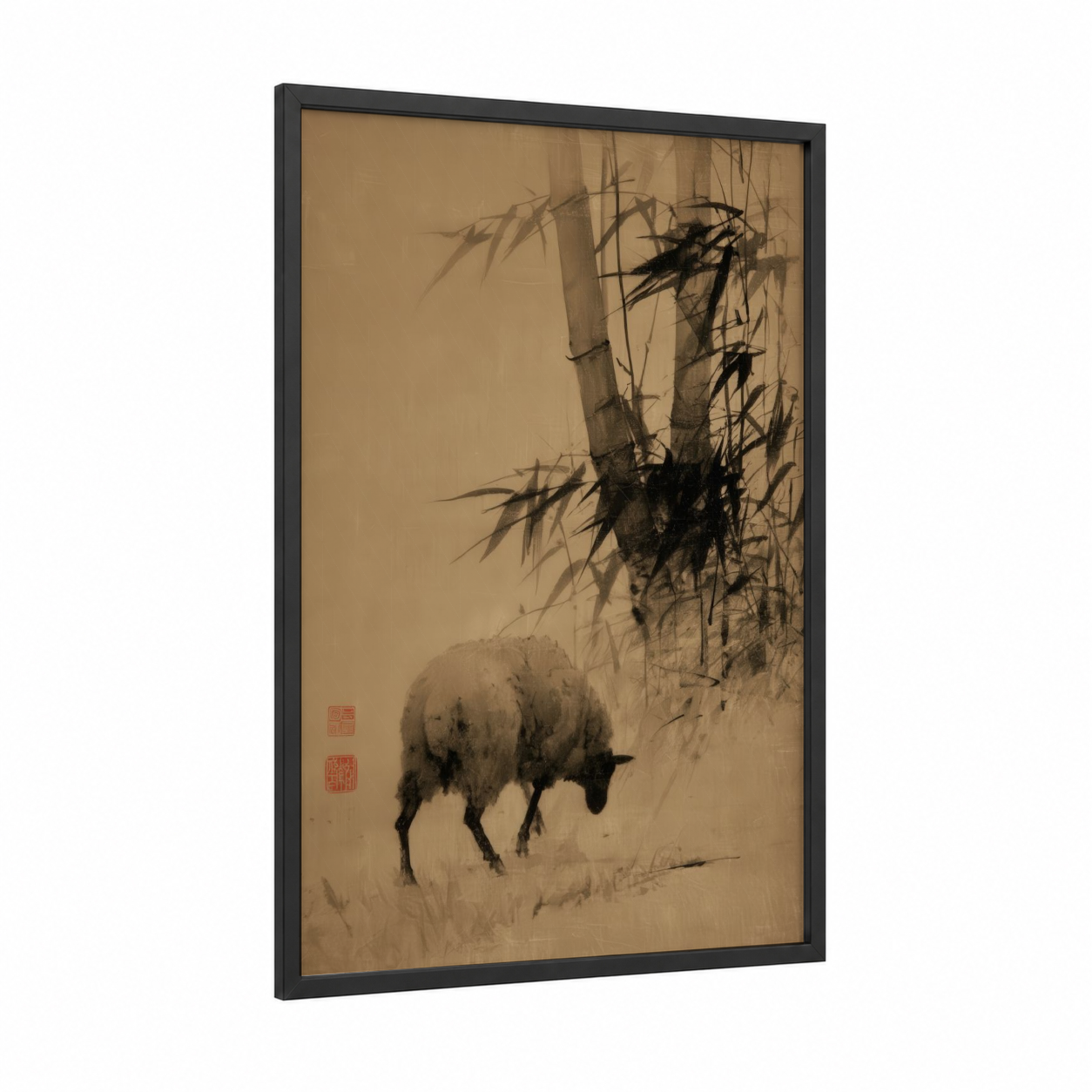 Snowy Sheep Grazing framed art print — black wood frame — black and white and beige palette