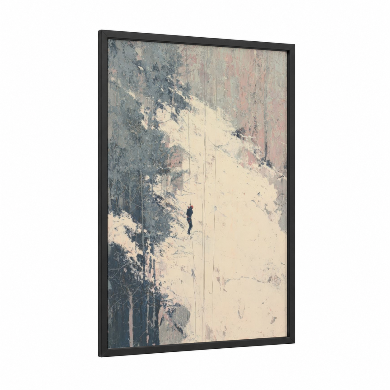 Solitary Ascent framed ice climbing print — black wood frame — gray and cream palette