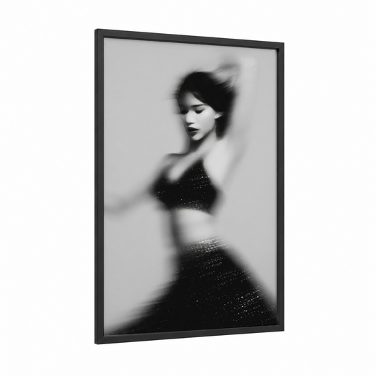 Shimmer Silhouette framed belly dance print — black wood frame — black and white and gray palette