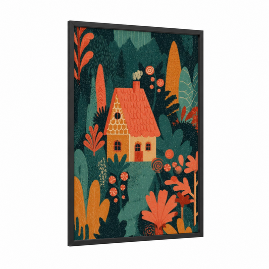 Gingerbread Cottage framed baking print — black wood frame — orange and teal palette