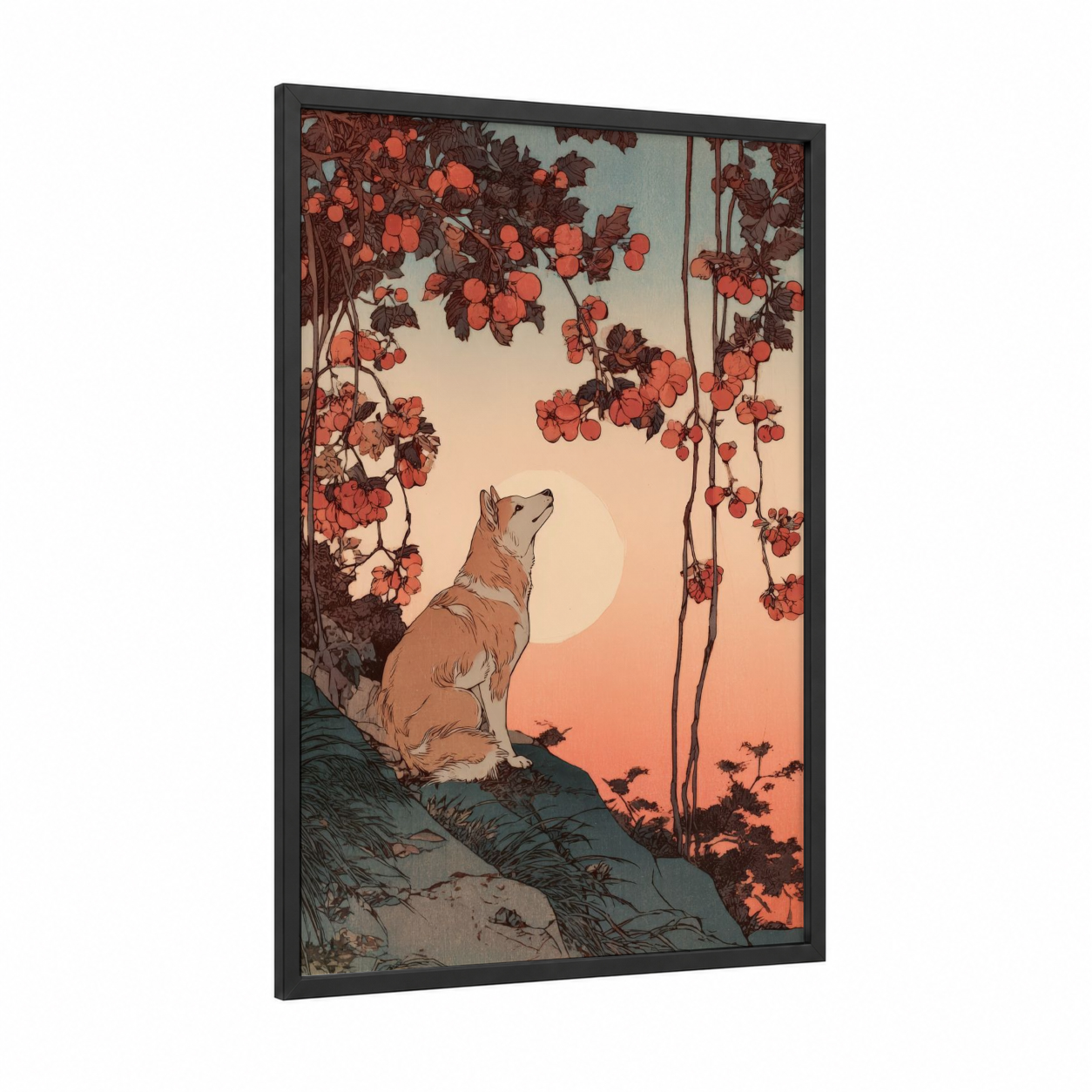 Sunset Deer framed fox print — black wood frame — orange and gold palette