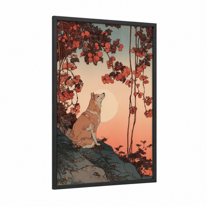 Sunset Deer framed fox print — black wood frame — orange and gold palette
