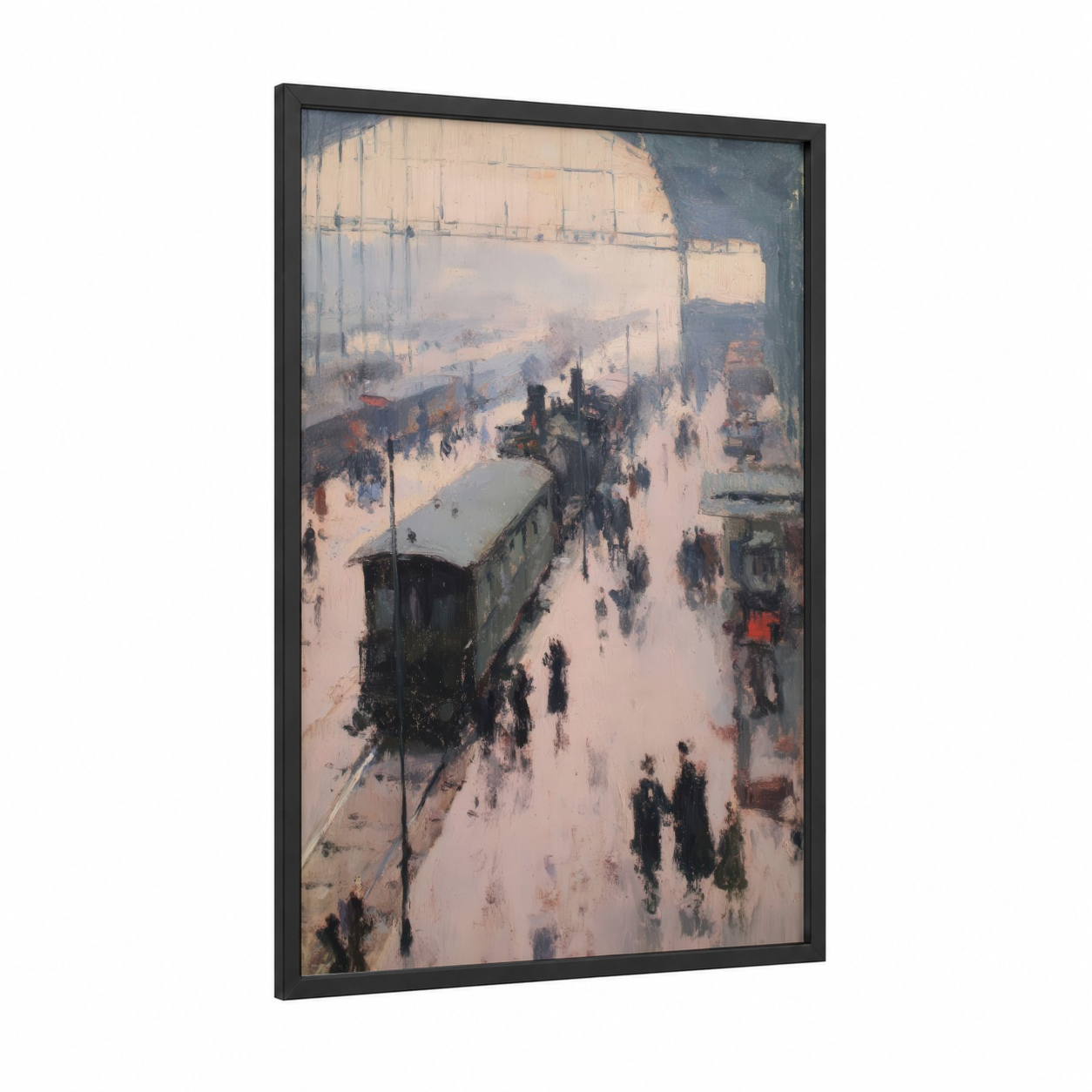 Snowy Station Train framed art print — black wood frame — gray and white palette
